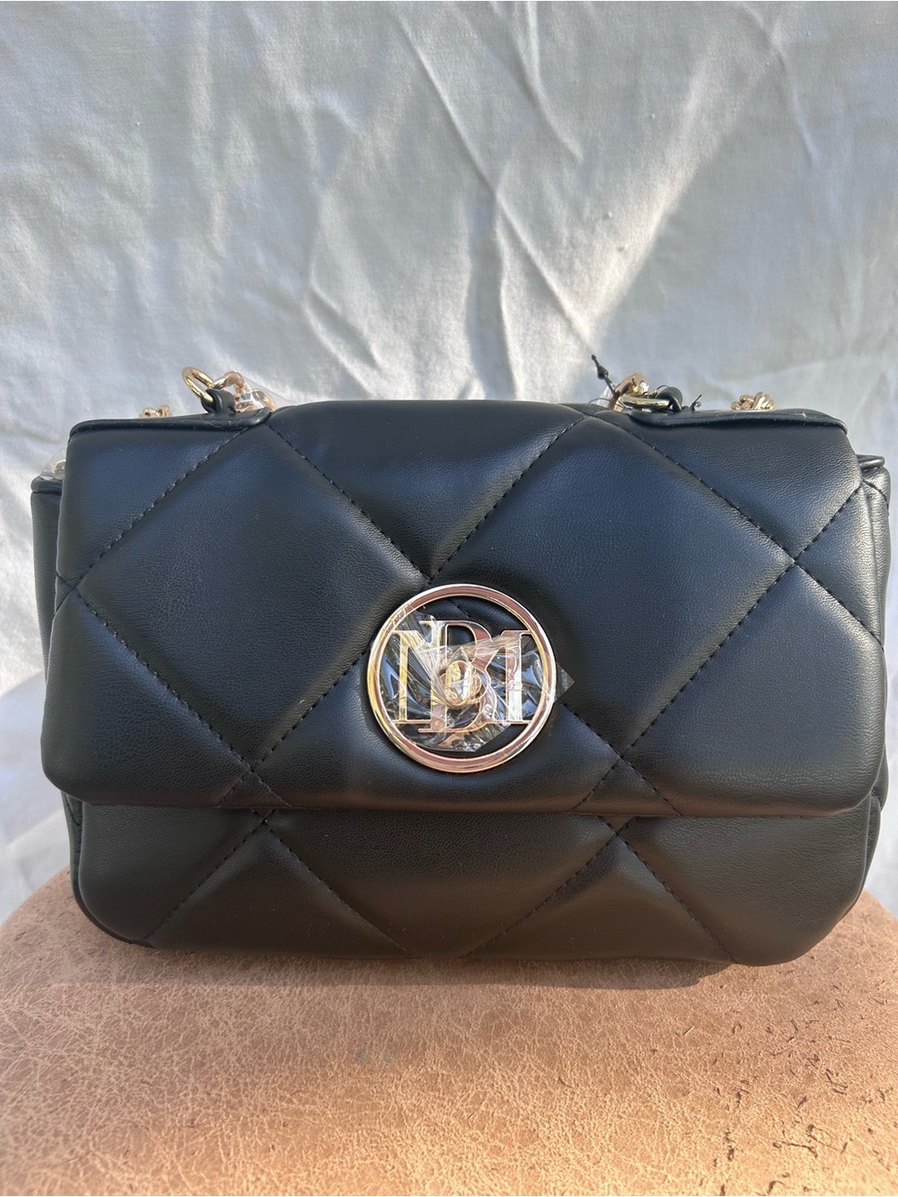 Badgley Mischka Quilted Black Shoulder Bag with Gold-Tone Logo